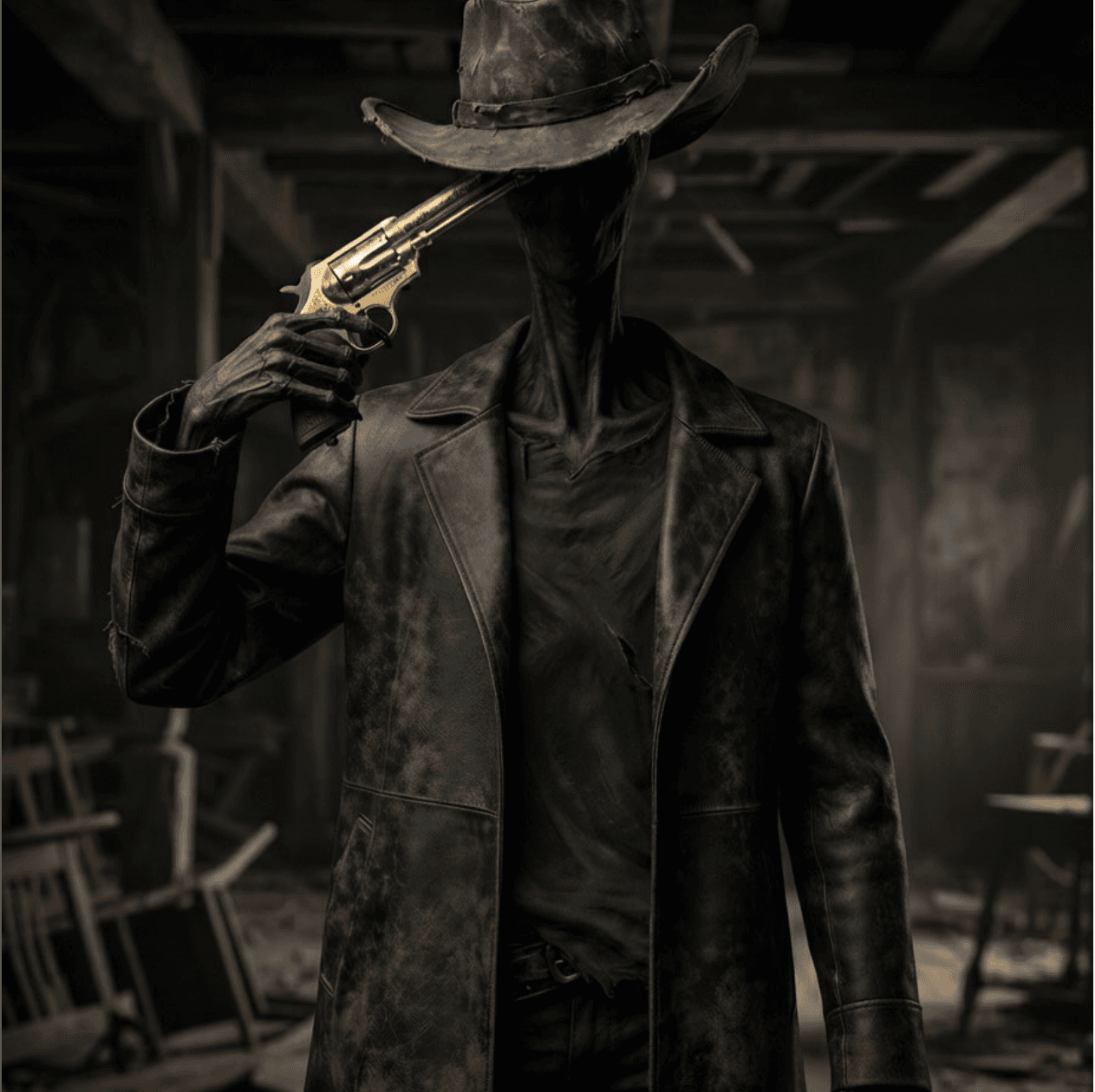 Un personaggio senza volto, con cappotto scuro e cappello
