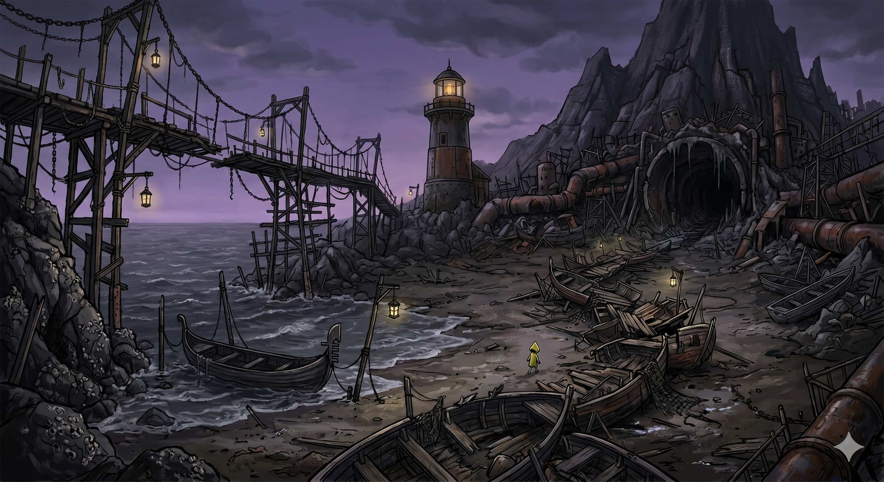 Un porto in rovina e un faro dall'universo di Italian Nightmares